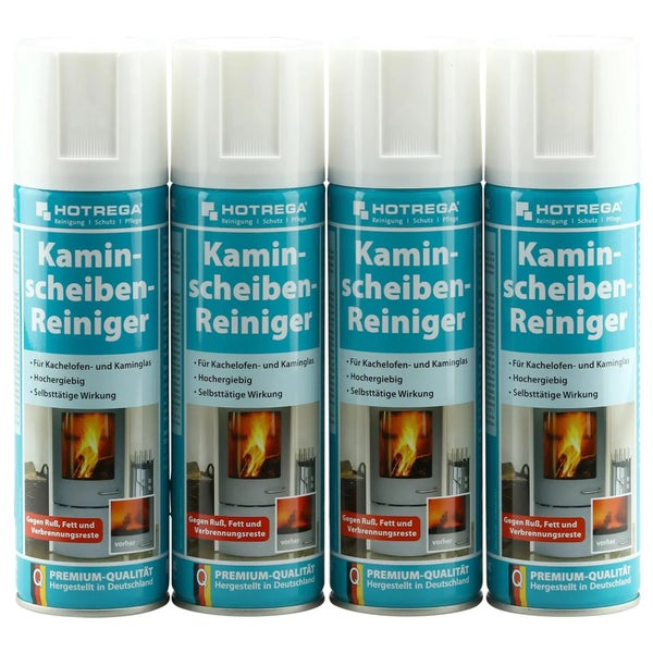 Vier Spraydosen Hotrega Kaminscheibenreiniger zur Entfernung von Ruß Fett und Verbrennungsresten auf Kamin- und Kachelofenglas.