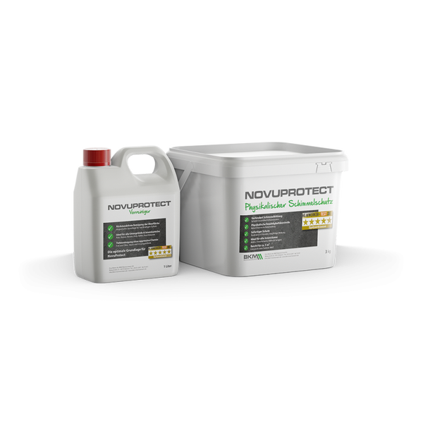 NOVUPROTECT Set aus 1 Liter Vorreiniger und 3 Kilogramm physikalischem Schimmelschutz für den Innenbereich.