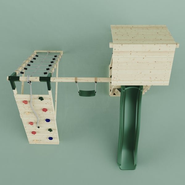 Spielturm mit Rutsche, Kletterwand, Schaukel und Kletternetz