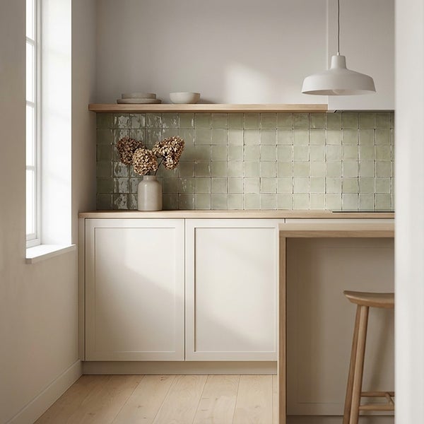 Moderne Kueche mit quadratischen Wandfliesen im Fliesenspiegel, Holzoberflaechen, weissen Schrankfronten, Holzhocker und haengender Pendelleuchte.