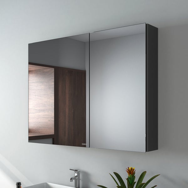 EMKE Spiegelschrank 85L x 65H x 14,5T cm, Badezimmerschrank Schwarz, 2-türig mit 3 mm kupferfreiem & rostfreiem Spiegelglas, 3 Ablagen, 105° Türöffnung, 304 Dämpfscharniere, großer Stauraum
