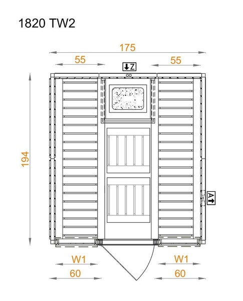Technische Zeichnung für Gartenhaus 1820 TW2 mit Frontansicht, Tür mit Glaselementen und Maßen: Breite 175, Höhe 194, Seitenwände 55 und 60.