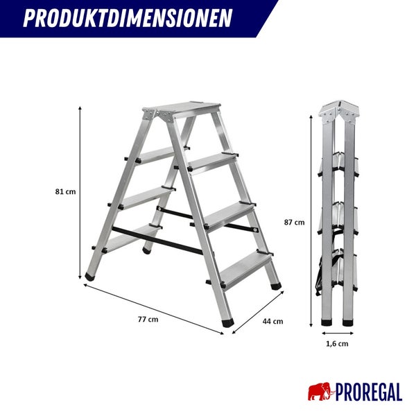 Produktdarstellung einer Aluminium-Haushaltsleiter mit vier Stufen und den entsprechenden Produktabmessungen