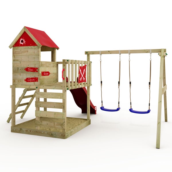 WICKEY Spielturm Klettergerüst Smart Cave mit Schaukel und Rutsche, Baumhaus mit Sandkasten, Kletterleiter und Spiel-Zubehör - rot
