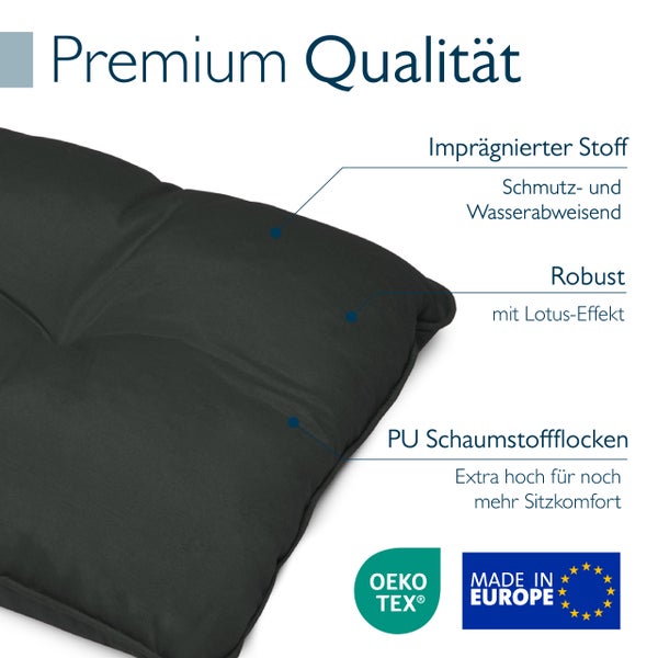 Sitzkissen in Premium Qualität mit wasserabweisendem Bezug aus PU Schaumstoffflocken und Oeko Tex Zertifizierung sowie Made in Europe Siegel.