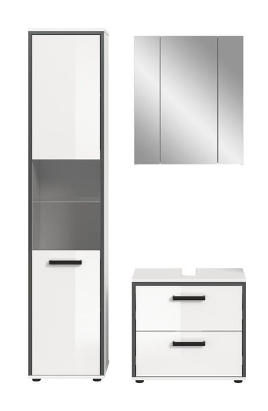 Badezimmermöbel-Set in Weiß und Anthrazit: Hochschrank mit Fach, dreitüriger Spiegelschrank und Waschbeckenunterschrank mit zwei Schubladen.