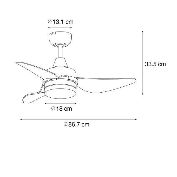 Technische Zeichnung eines Deckenventilators mit Maßen: Gesamtdurchmesser 86,7 Zentimeter, Höhe 33,5 Zentimeter, Baldachindurchmesser 13,1 Zentimeter.