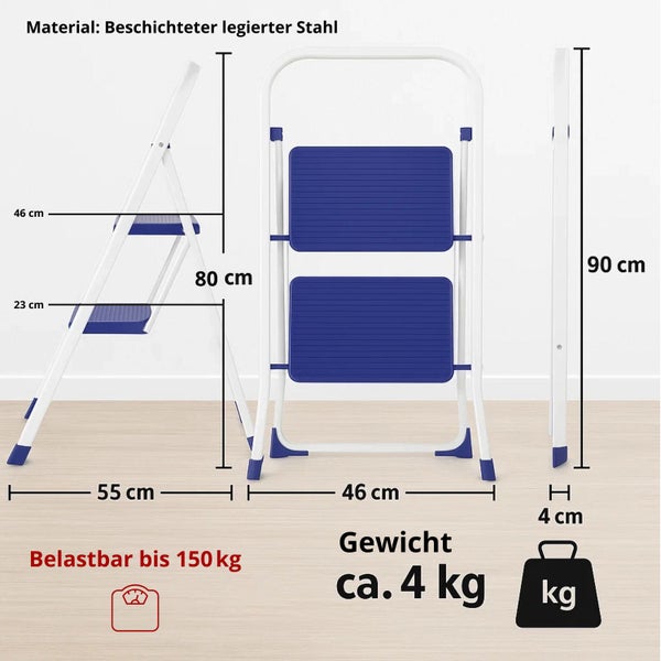 Beschichtete Stahlleiter mit zwei Stufen und Maßangaben