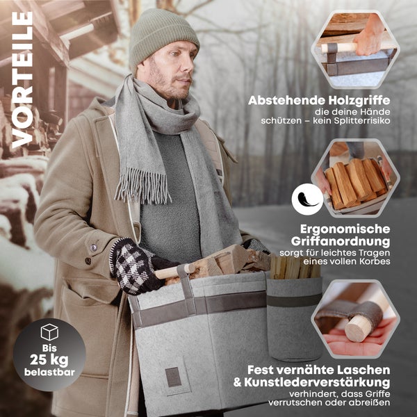 OAKAGE® Classic Duo Hellgrau Holzkorb Filz - Metallrahmen für Zusatzstabilität - 42x32x35cm