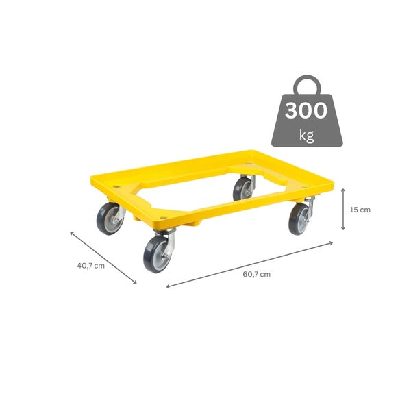 PROREGAL Transportroller für Euroboxen 60 x 40 cm mit Gummiräder Gelb Offenes Deck 2 Lenkrollen und 2 Bremsrollen Traglast 300 kg