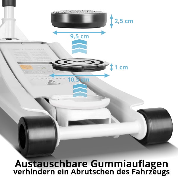 Rangierwagenheber mit abnehmbaren Gummiunterlagen und Maßangaben