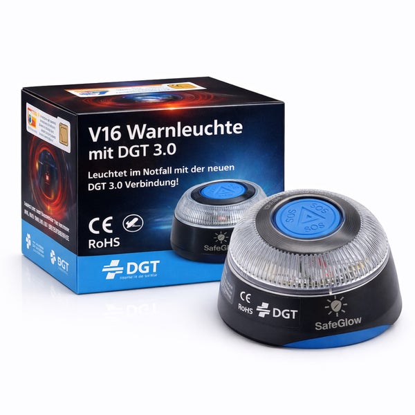 V16 Warnleuchte mit DGT 3.0 und Verpackung