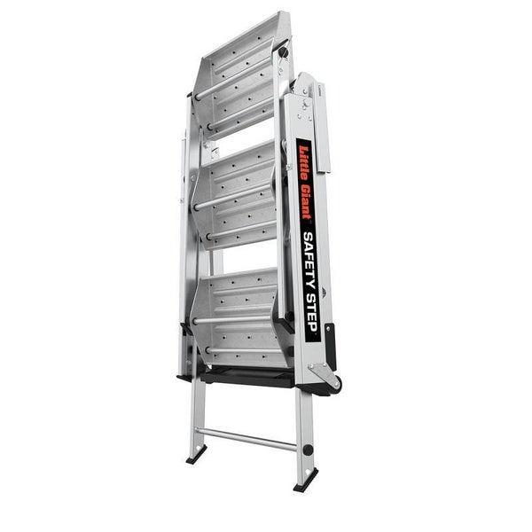 Klappbare Aluminium-Stufenleiter Little Giant Safety Step mit drei Stufen und Sicherheitsbügel.