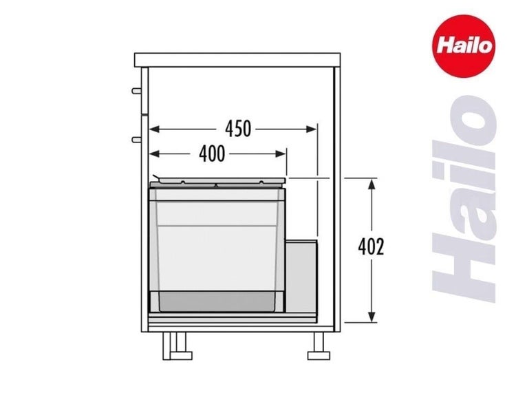 Technische Zeichnung der Einbaumaße für Hailo Abfallsammler im Schrank: Breiten 400 und 450, Höhe 402 Millimeter. Hailo Logo.