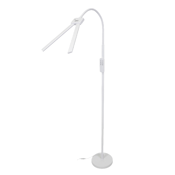 Weiße LED-Stehleuchte mit zwei verstellbaren Lichtpaneelen und flexiblem Schwanenhals.