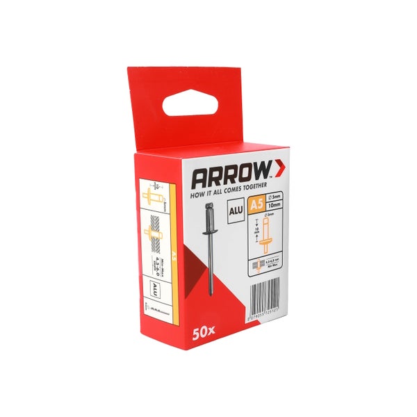 Arrow Blindnieten aus Aluminium A5, Durchmesser 5 Millimeter, Länge 10 Millimeter, Packung mit 50 Stück.