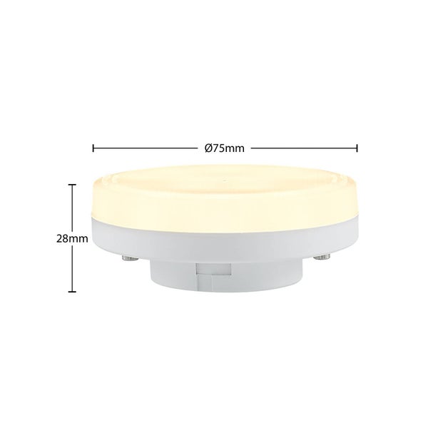Runde weiße LED-Leuchte mit einem Durchmesser von 75 Millimetern und einer Höhe von 28 Millimetern.