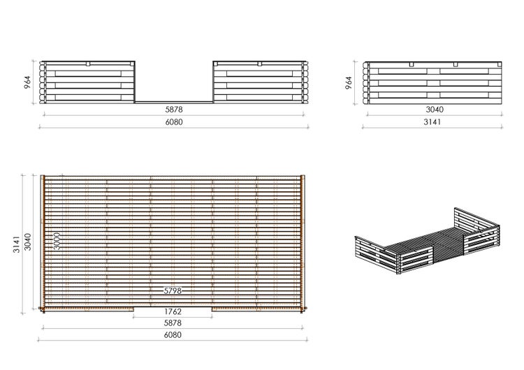 Veranda zum Gartenhaus 6x3 m - Farbe Holz