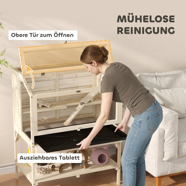 Kleintierstall aus Holz mit mehreren Ebenen, aufklappbarem Dach und ausziehbarer Wanne zur einfachen Reinigung.