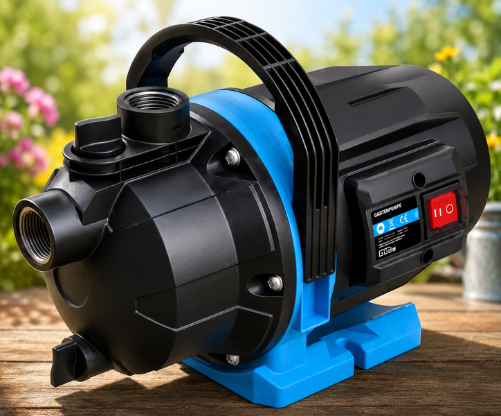 Güde Gartenpumpe in Blau und Schwarz mit Tragegriff und Ein-Ausschalter.