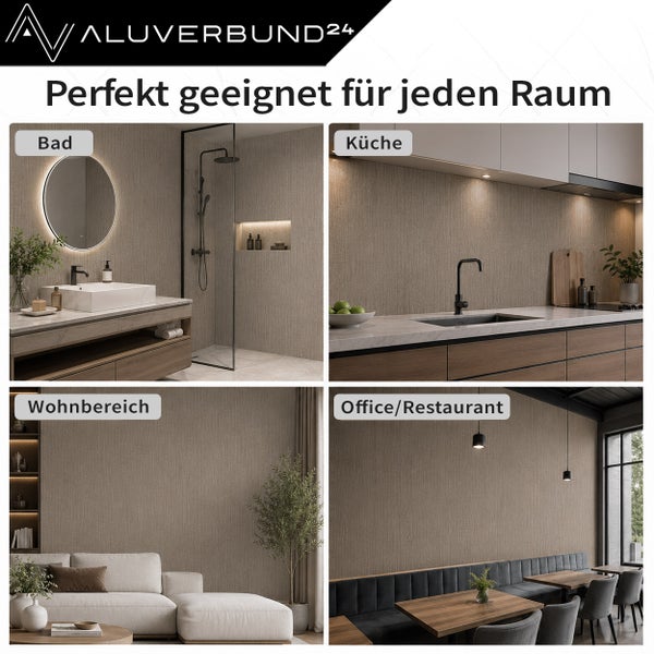 Anwendungsbeispiele für Aluverbund Wandverkleidungen in Badezimmer, Küche, Wohnzimmer sowie Büro und Restaurant.