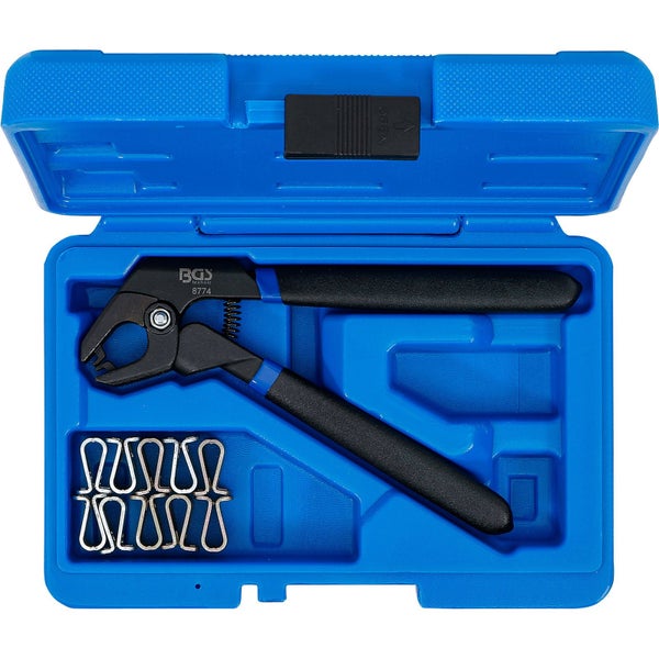 Schlauchklemmenzange mit Klemmen in blauem Werkzeugkoffer