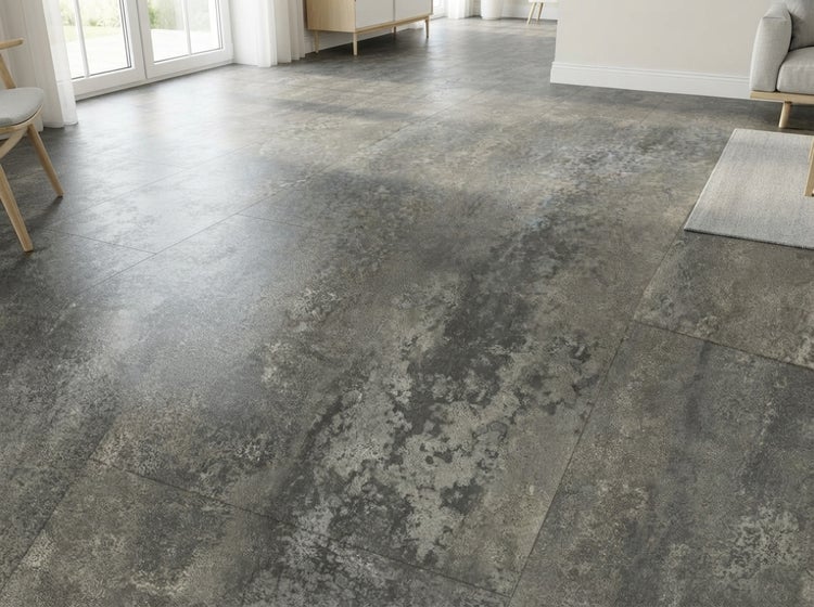 Wohnraum mit großformatigen Fliesen in Betonoptik mit strukturierter Oberfläche in einem hellen und modernen Interieur.