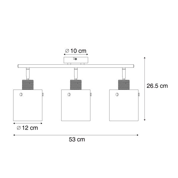 Technische Zeichnung einer Deckenleuchte mit drei Strahlern und den Maßangaben: 26,5 cm Höhe, 53 cm Länge, 10 cm Durchmesser der Deckenbefestigung, 12 cm Durchmesser der Lampenschirme.