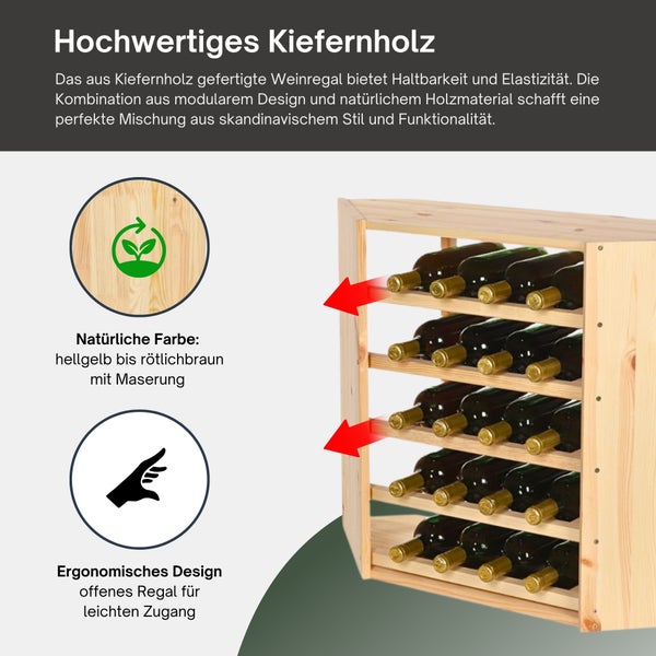 Weinregal aus Kiefernholz mit fünf Ebenen für Flaschen, ergonomisches und offenes Design für einfachen Zugriff.