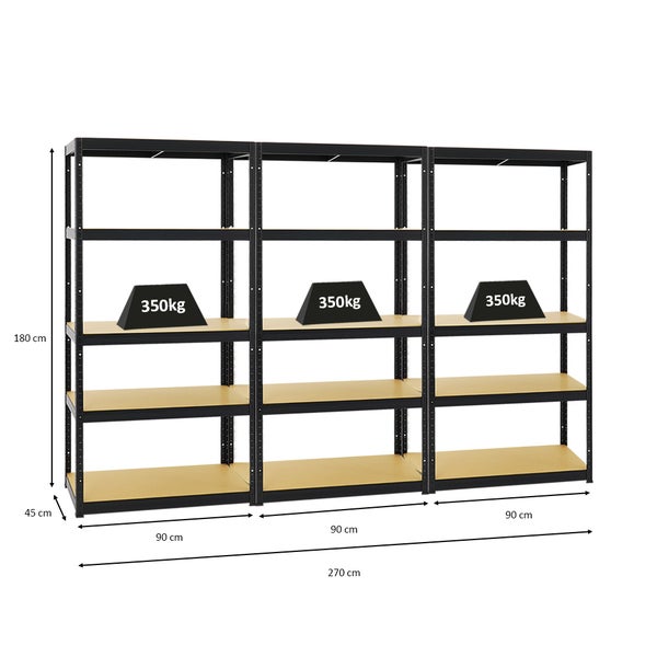 PROREGAL Mega Deal 3x Schwerlastregal Slim Elephant S HxBxT 180 x 90 x 45 cm 5 Ebenen Fachlast 350 kg Schwarz