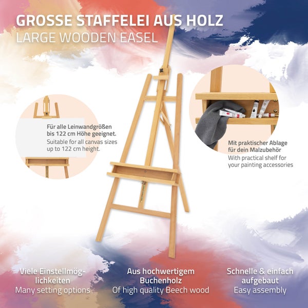 ECD Germany Große Staffelei 65x240 cm, Flexibel verstellbare Dreibein Atelierstaffelei aus massivem Buchenholz mit Malauflage, Klappbare Holzstaffelei für Leinwände bis 122cm, Sitz- und Standstaffelei