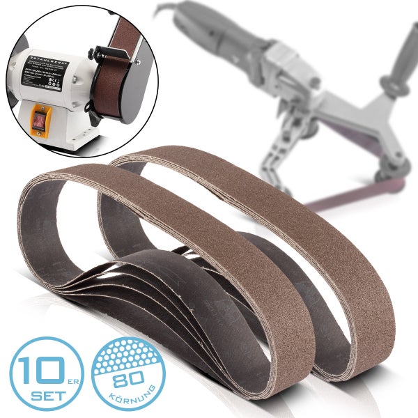 10er Set Schleifbänder mit 80er Körnung, geeignet für Bandschleifer und Schleifböcke.