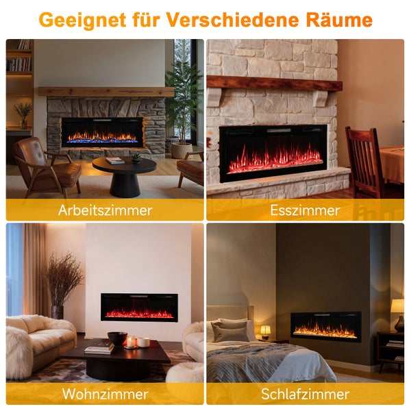 Elektrischer Kamin, geeignet für verschiedene Räume: Arbeitszimmer, Esszimmer, Wohnzimmer und Schlafzimmer.
