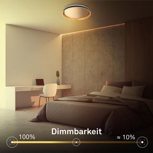Dimmbare LED-Deckenleuchte im modernen Schlafzimmer, zeigt Helligkeitsstufen von 100 Prozent bis circa 10 Prozent an.
