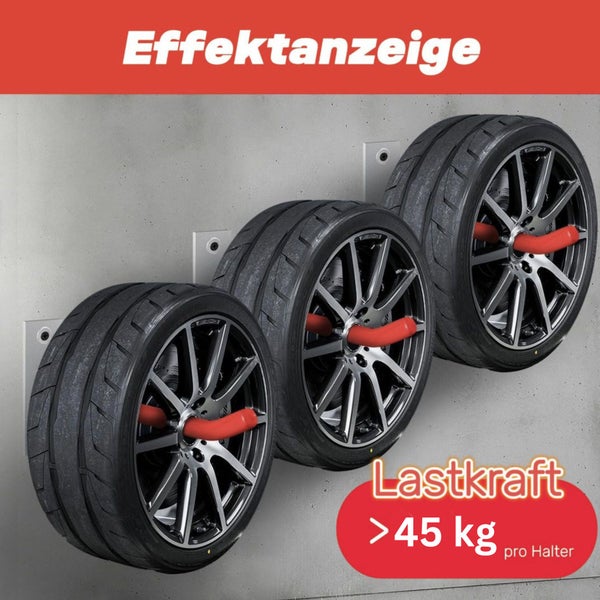 Wandhalterung für Reifen mit einer Traglast von über 45 Kilogramm pro Halterung. Drei Reifen an einer Wand montiert.
