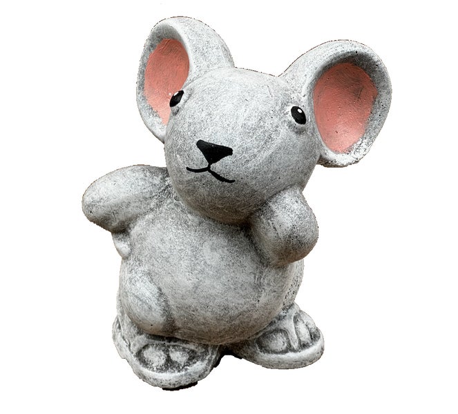 Gartenfigur Maus in grauer Steinoptik, dekorative Tierfigur für den Außenbereich.