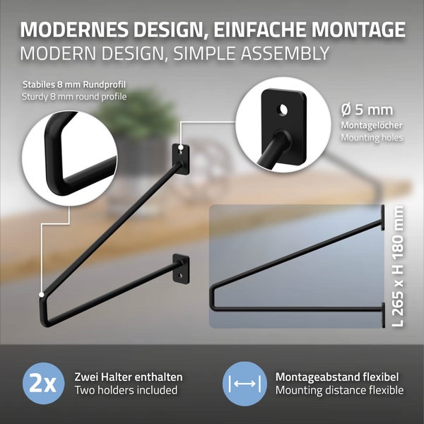 ML-Design 4 Stück Regalhalterung 265 mm, Schwarz, aus Stahl, Haarnadel Regalhalterungen, Schwebe Regalwinkel, Hairpin Wandhalterung, Regalträger für Wandmontage, Industrielle Wandregal, Wandkonsole