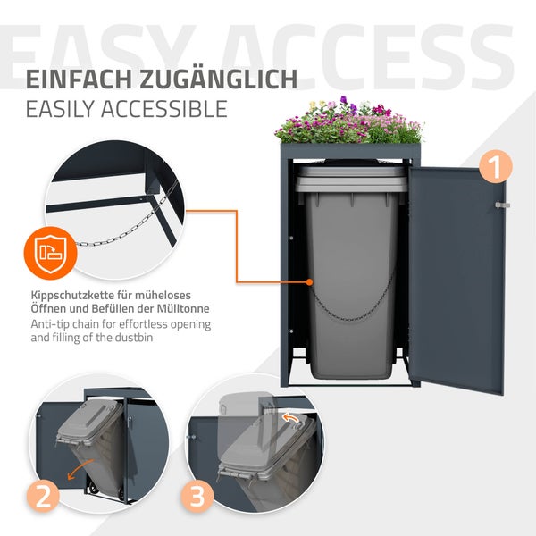 ML-Design Mülltonnenbox 1er mit Pflanzdach für 1 Mülltonne, 240L 68x80x124 cm, Anthrazit, Stahl, wetterfest, Abschließbare Mülltonnenverkleidung mit Tür, Müllbox Mülltonnecontainer Mülltonnenabdeckung