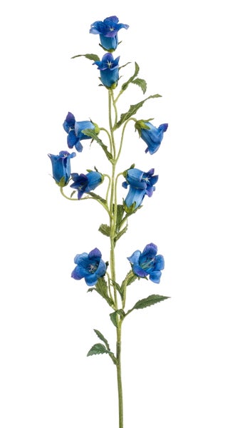 Künstlicher Zweig mit blauen Glockenblumen und grünen Blättern.