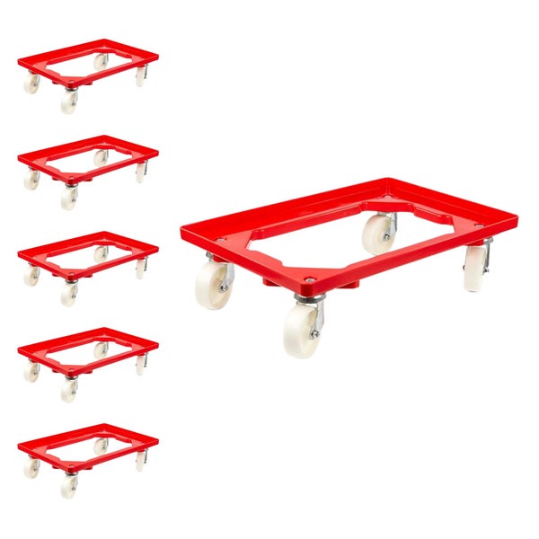 PROREGAL SparSet 6x Transportroller für Euroboxen 60 x 40 cm mit Kunststoffräder Rot Offenes Deck 4 Lenkrollen Traglast 300 kg