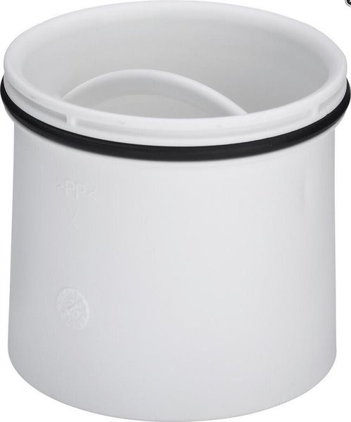 Weißer Kunststoffeinsatz für Siphons aus Polypropylen mit schwarzer Gummidichtung.