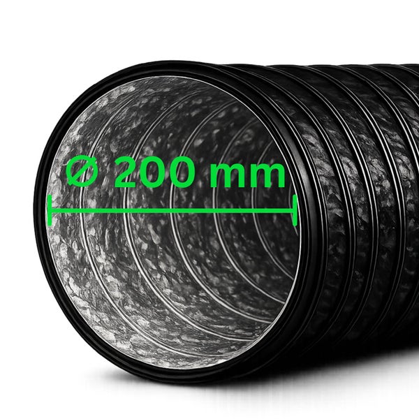 Flexibler Lüftungsschlauch mit einem Durchmesser von 200 Millimetern.