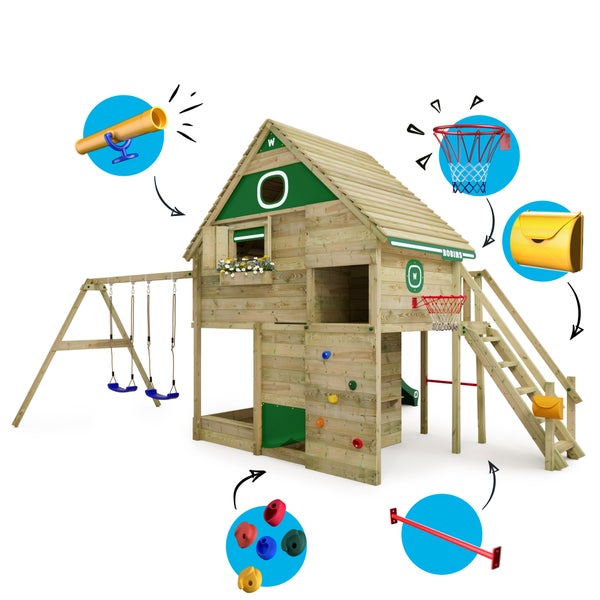 WICKEY Stelzenhaus Smart FamilyHouse mit Schaukel und Rutsche,integriertem Sandkasten und großem Spielhaus mit Geheimgang, massiver Treppe Handlauf, Fenstern, Rollos und Fensterläden -  grün