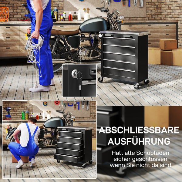 Geöffnete Werkzeugkiste mit Werkzeugen und Reifensatz im Hintergrund