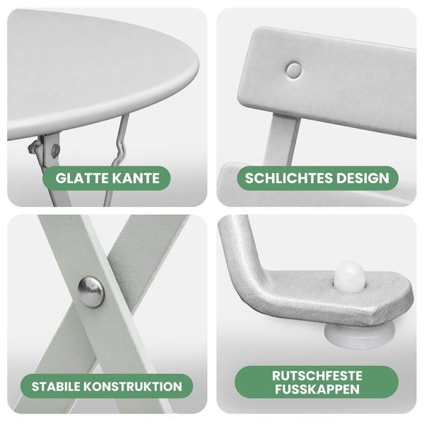 Detailansicht Gartenmöbel-Set aus Metall mit glatter Tischkante, schlichtem Design, stabiler Konstruktion und rutschfesten Fußkappen.