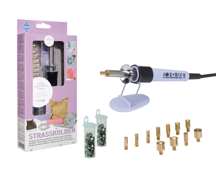Pebaro Strasskolben Set mit 576 Strasssteinen in 4 Größen inklusive Ablage, Aufsätzen und Bedienungsanleitung zum Verzieren von Textilien.