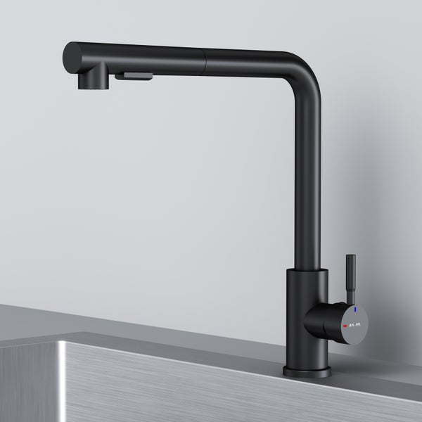 Moderne schwarze Küchenarmatur in matter Optik mit hohem L-Auslauf und Einhebelmischer.