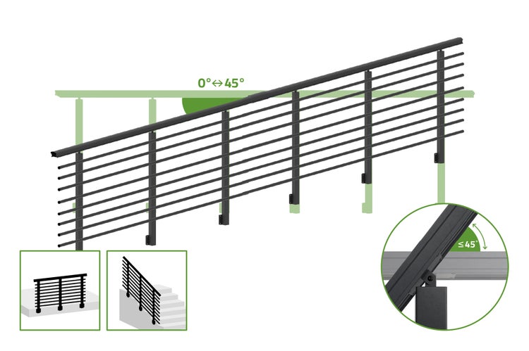 Verstellbares Treppengeländer mit horizontalen Streben für Neigungswinkel zwischen 0 und 45 Grad zur Montage an Treppen und Balkonen.