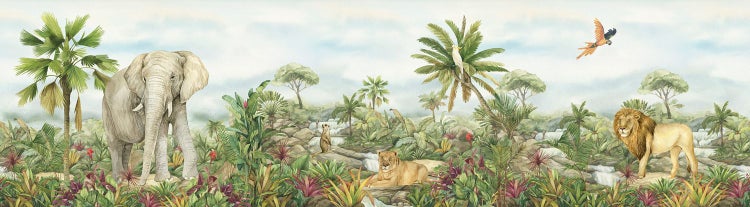 Dschungelszene mit Elefant, Löwen, Erdmännchen, Papagei und Wasserfall