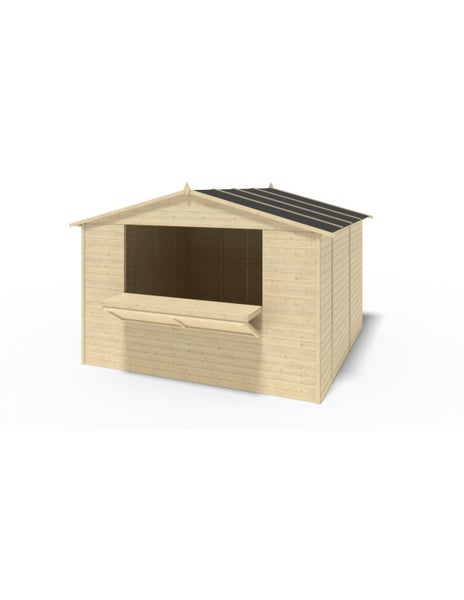 Verkaufsstand aus Holz mit großer Verkaufsöffnung, klappbarer Theke und Satteldach.